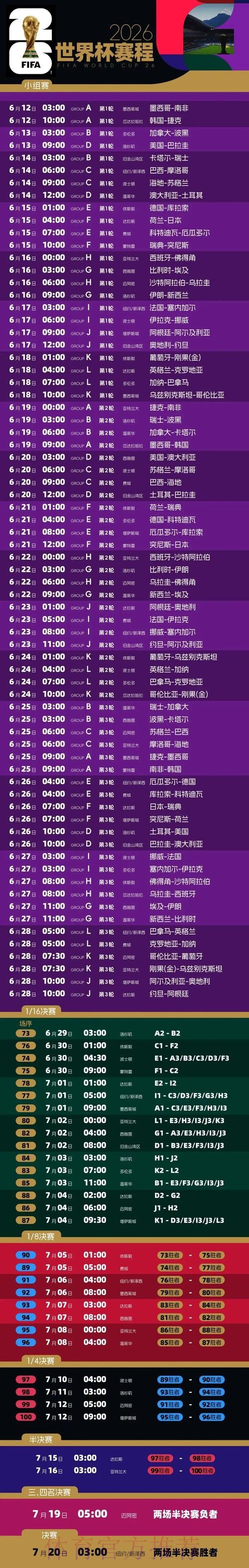 2026世界杯比赛时间详细安排完整安排免费观看